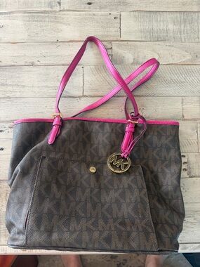 Michael Kors Brown MK Monogram Tote with Pink Trim